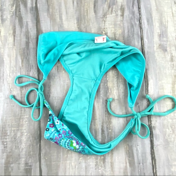 Xhilaration Boho Bikini Bottom Aqua Teal Floral Paisley Side Tie String Bikini L - Picture 10 of 10